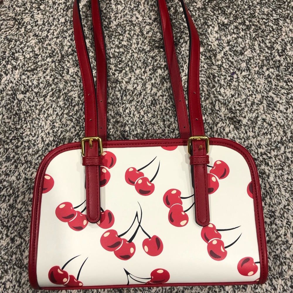 White & Red Cherry Print Shoulder Bag